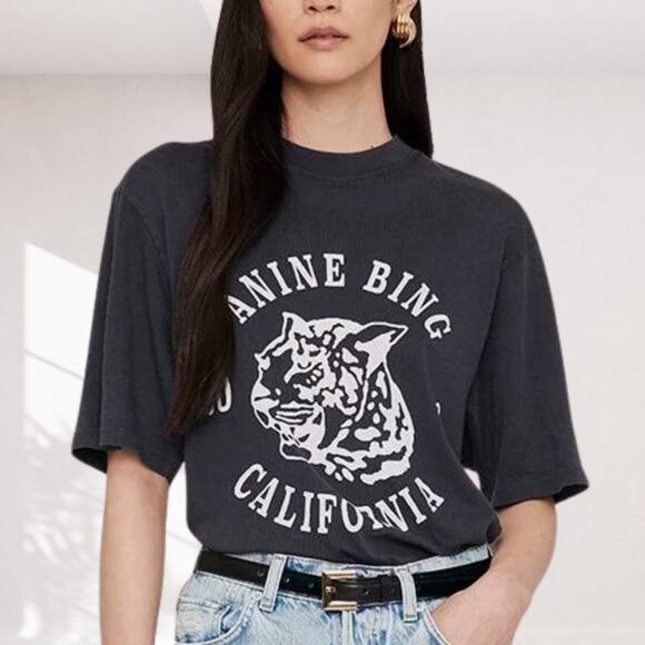 Anine Bing Avi Tee Collegiate Leopard size Large in Washed Charcoal (Black) - Picture 1 of 11
